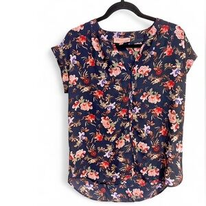 Philosophy Size S Navy Blue Floral Blouse V-Neck Cuffed Sleeve Dark Moody Print